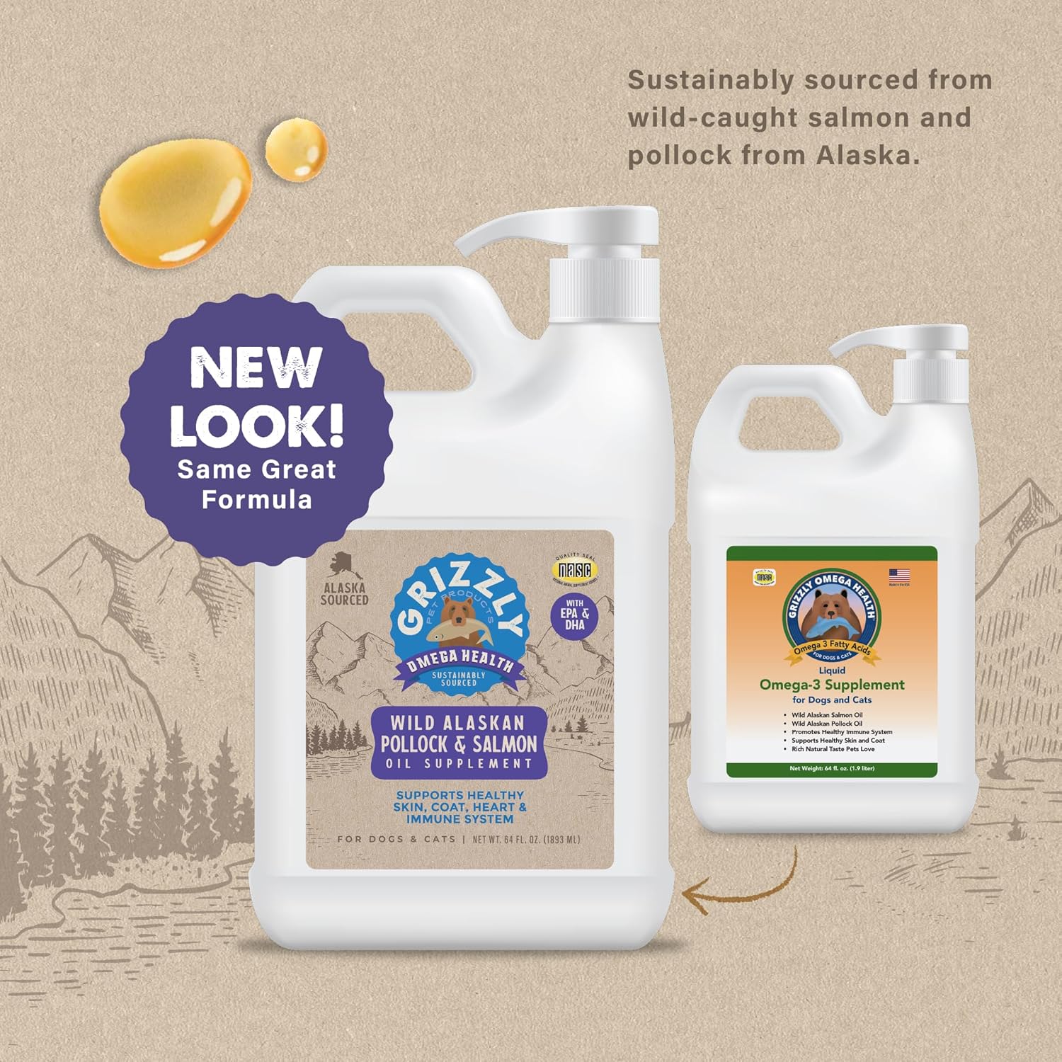 All Natural Grizzly Pet Products Omega Health Food & Supplements for Dogs & Cats - Wild Salmon Oil/Pollock Oil Omega-3 Blend