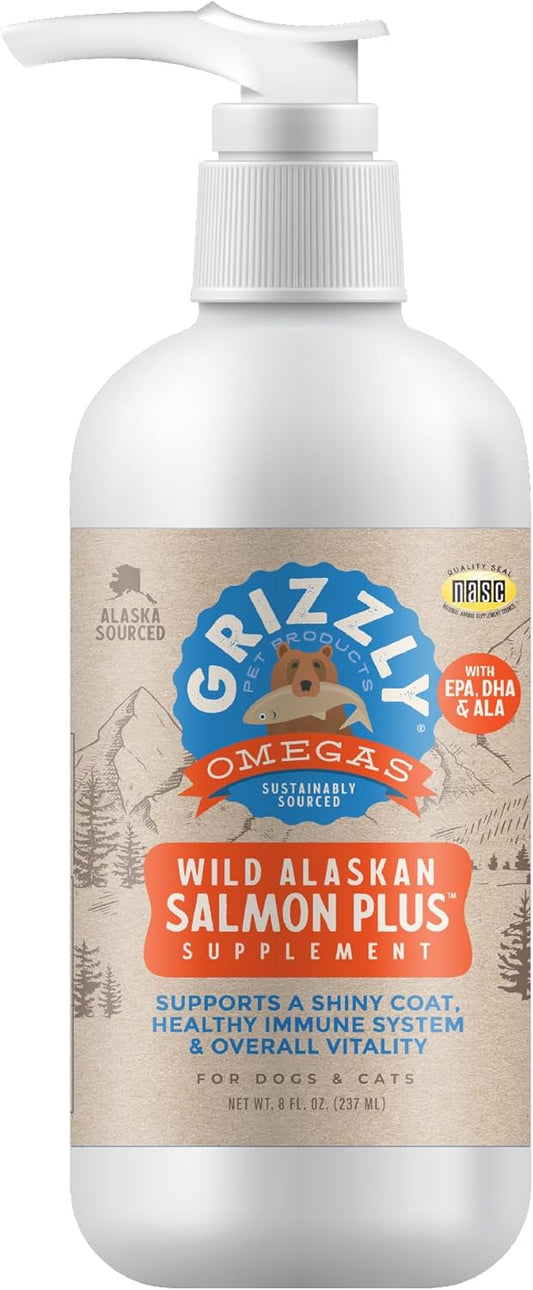 All-Natural Grizzly Wild Alaskan Salmon Oil Dog Food Supplement - Omega 3 Fatty Acids, 8 oz