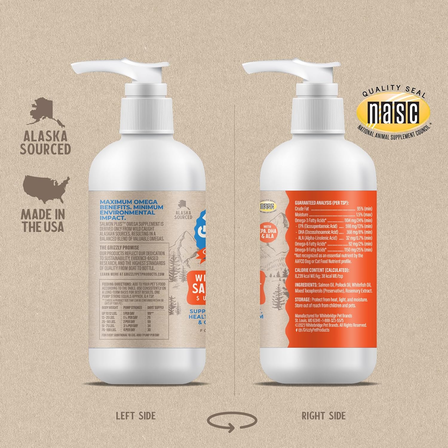 All-Natural Grizzly Wild Alaskan Salmon Oil Dog Food Supplement - Omega 3 Fatty Acids, 8 oz