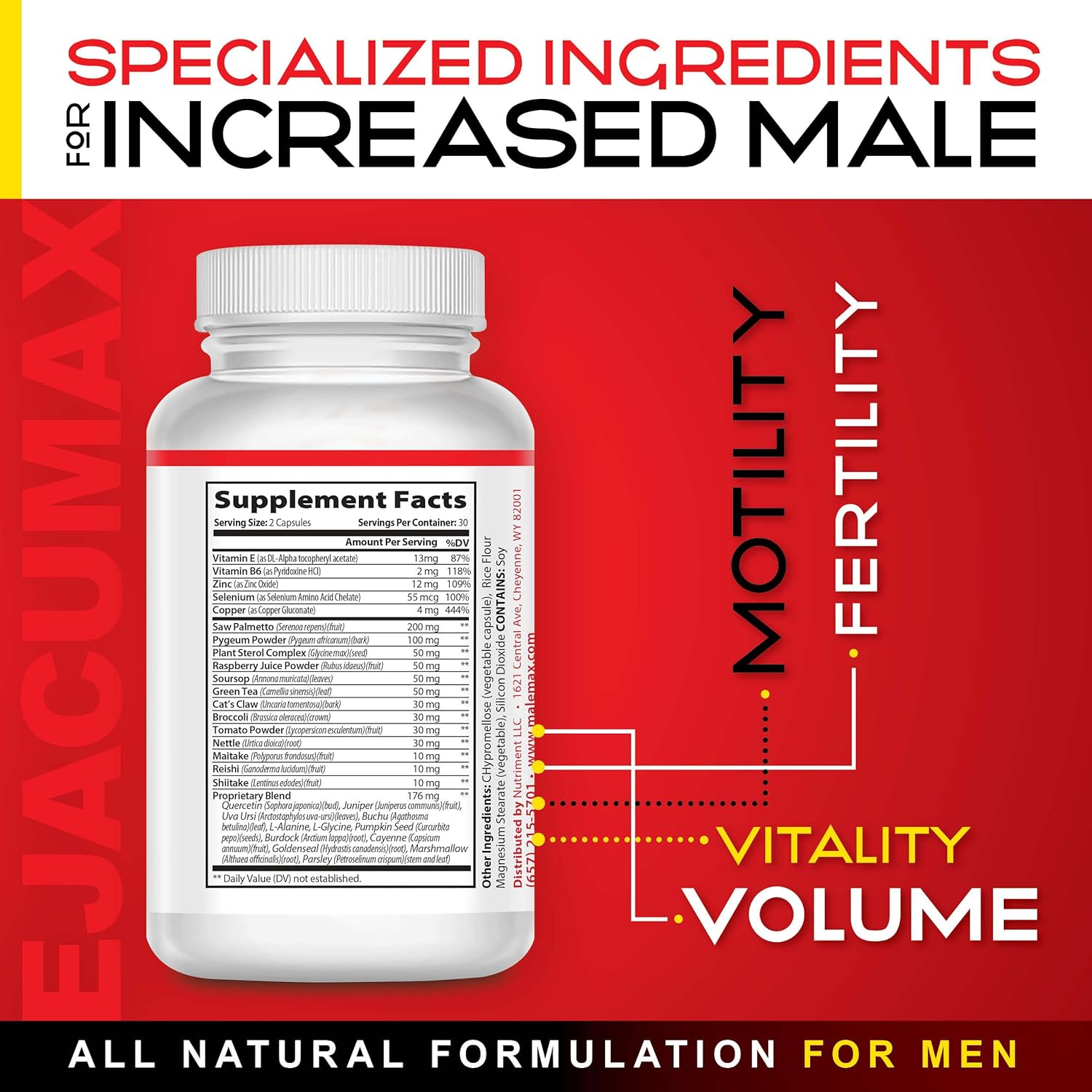 All Natural Male Fertility Formula - Increase Semen Volume and Sperm Count - MaleMax Ejacumax Vitality - 60 Capsules