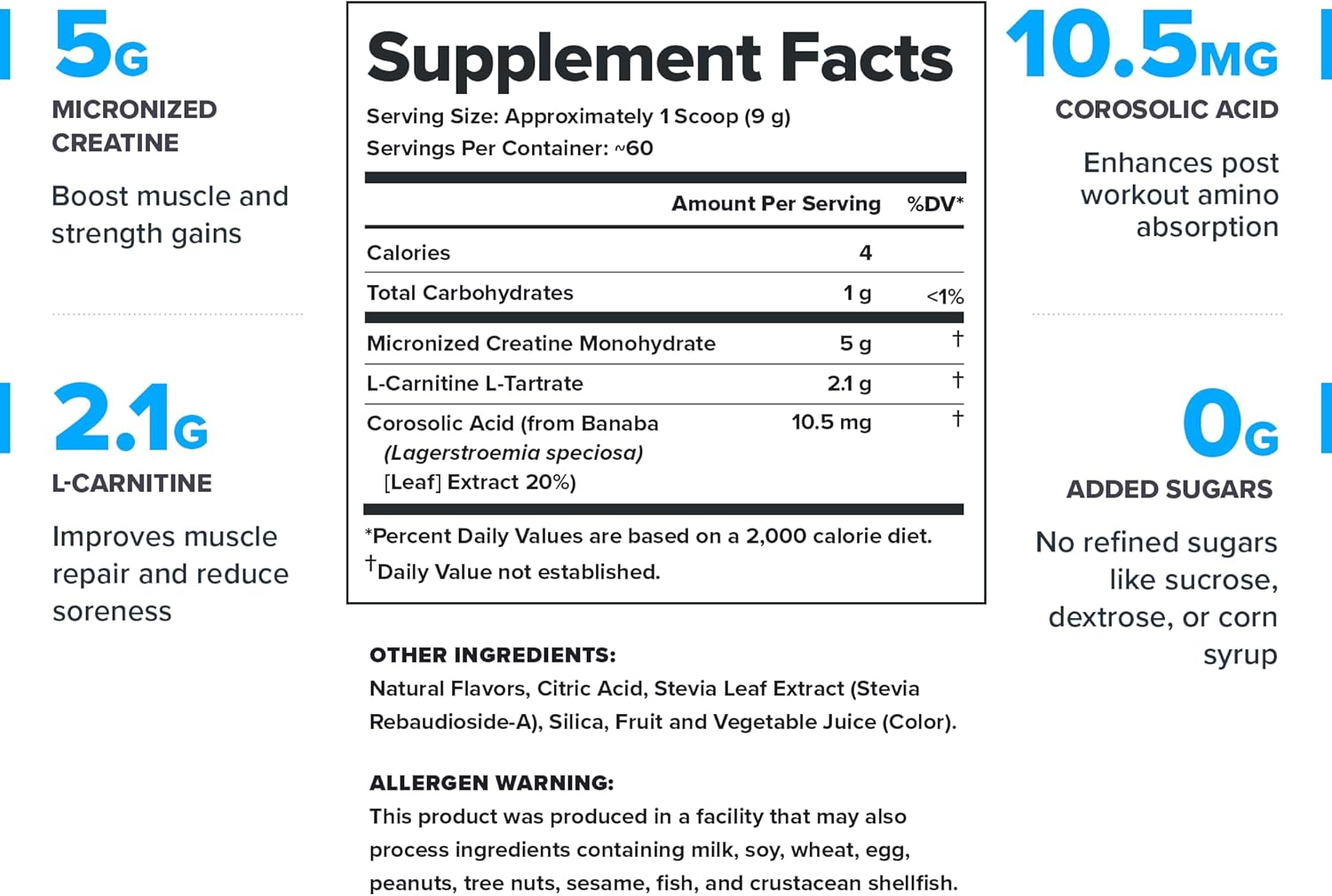 All Natural Muscle Builder & Recovery Drink with Creatine Monohydrate - Fruit Punch Flavor, 60 Servings