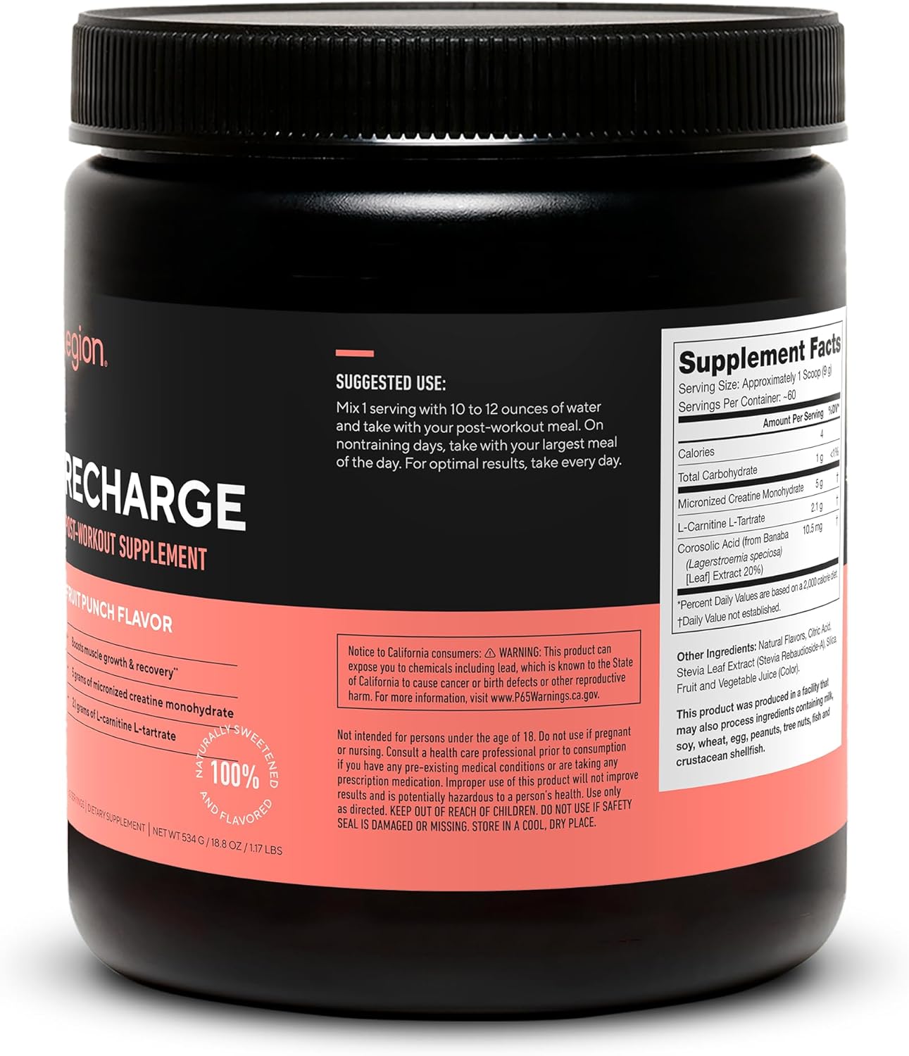 All Natural Muscle Builder & Recovery Drink with Creatine Monohydrate - Fruit Punch Flavor, 60 Servings