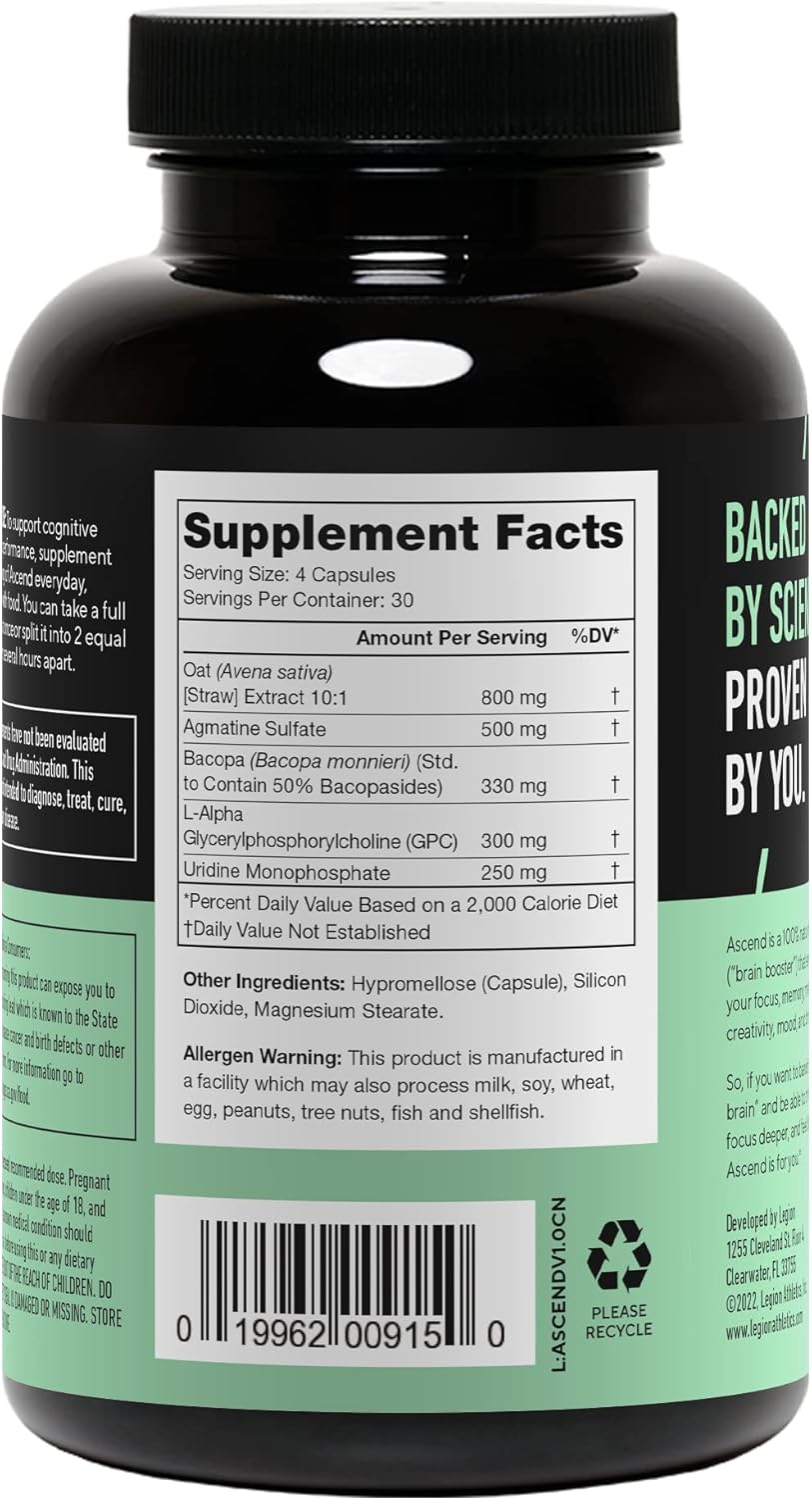 All-Natural Nootropic Brain Supplements for Memory, Focus, Alertness, and Mood Support - Legion Athletics Ascend with Alpha-GPC - 30 Servings
