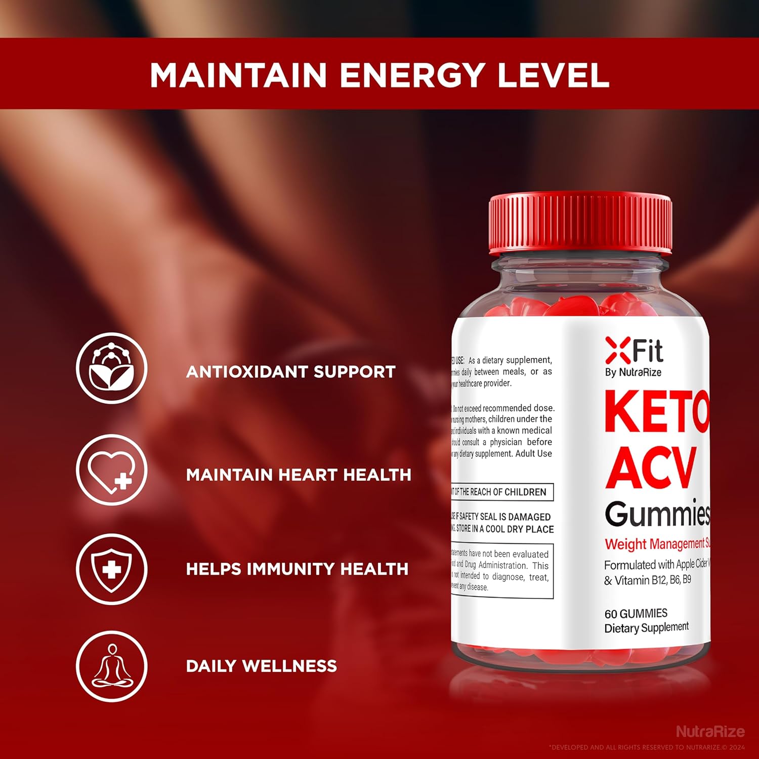 All Natural NutraRize Xfit Keto+ACV Gummies - Apple Cider Vinegar Supplement for Health & Fitness - 1000 MG - 60 Gummies