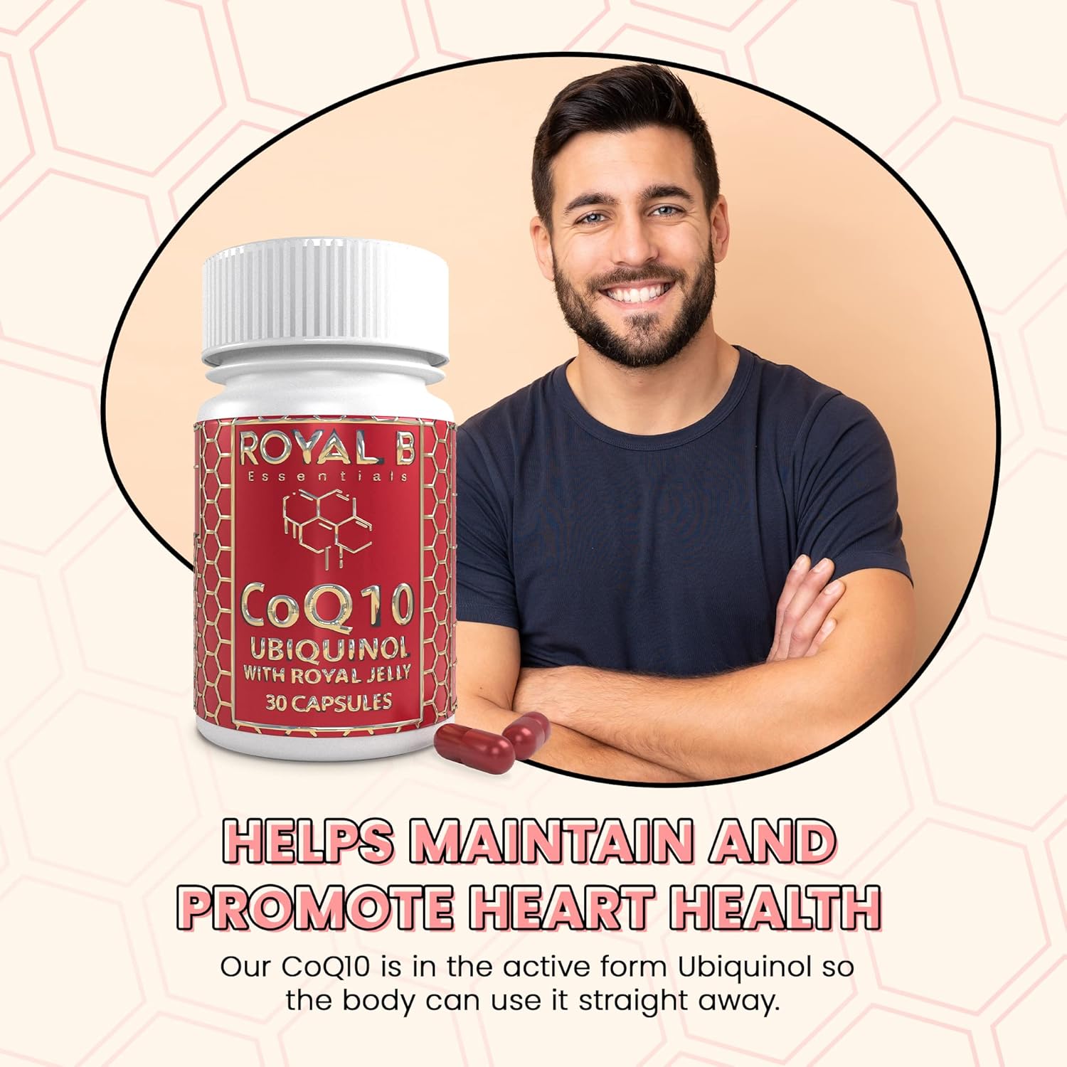 All-Natural Royal B Essentials Co-Enzyme Q10 Capsules for Heart Health & Immune Defense - 3,000mg Veggie Caps - Made by Bees