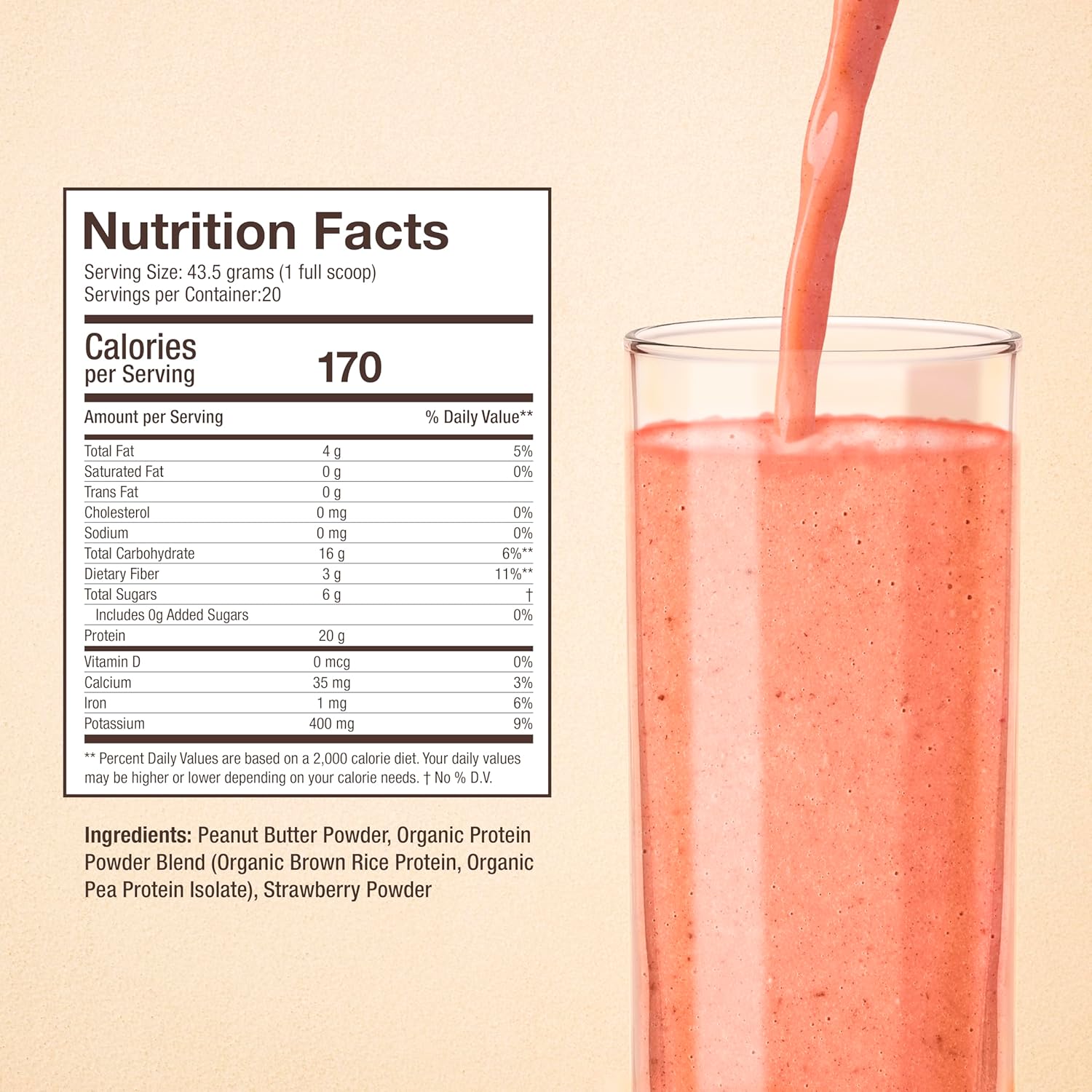 All Natural Strawberry Peanut Butter Protein Powder - 20g Protein, 20 Servings - No Stevia, Monk Fruit, Artificial Sweeteners - Berries Sweetened
