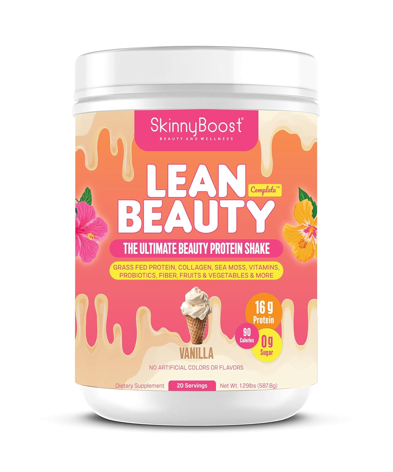 All Natural Vanilla Lean Beauty Shake Protein Powder with Grass Fed Whey Protein, Hydrolyzed Collagen, Vitamins, Fiber - 20 Servings, Made in USA