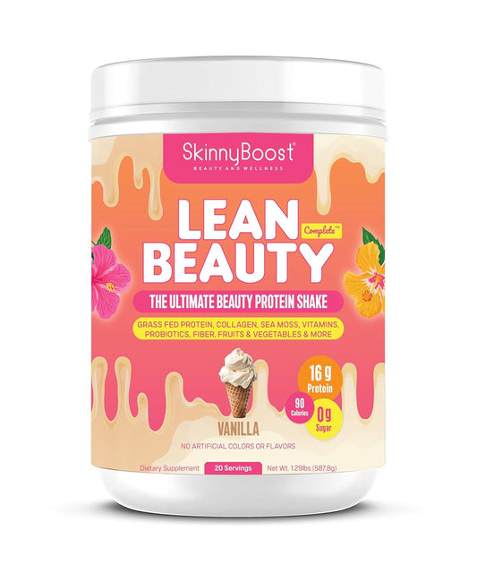 All Natural Vanilla Lean Beauty Shake Protein Powder with Grass Fed Whey Protein, Hydrolyzed Collagen, Vitamins, Fiber - 20 Servings, Made in USA