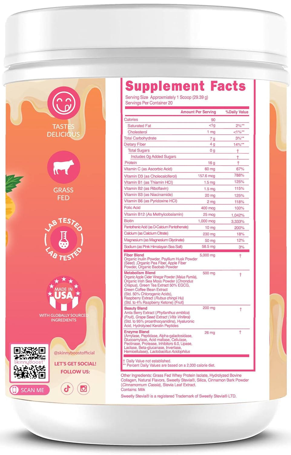 All Natural Vanilla Lean Beauty Shake Protein Powder with Grass Fed Whey Protein, Hydrolyzed Collagen, Vitamins, Fiber - 20 Servings, Made in USA