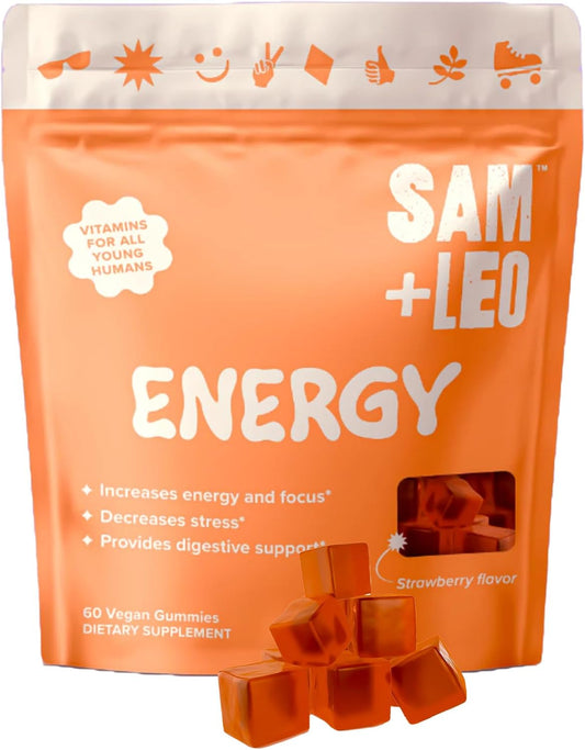 All Natural Vegan Energy Gummies for Kids & Teens with Biotin, Vitamin B3, B6, B12 - Strawberry Flavor - 60 Count