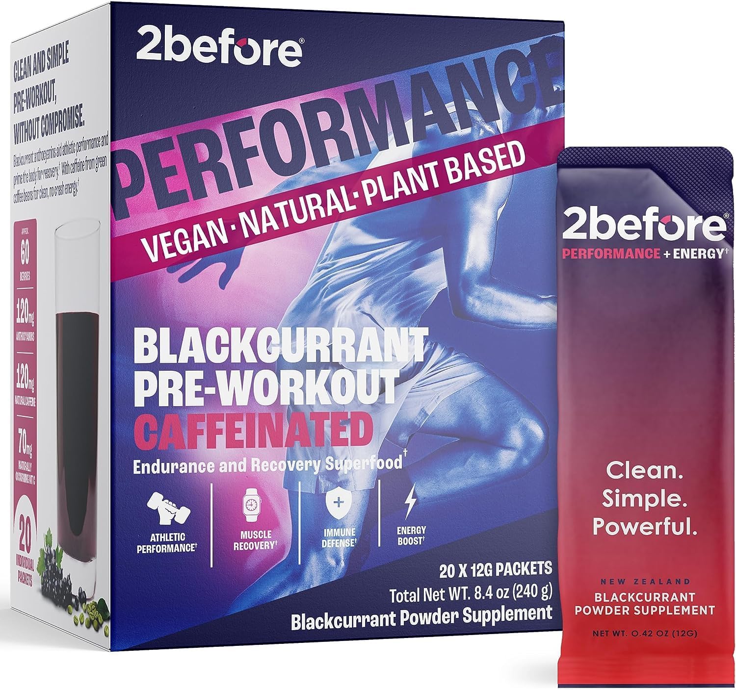 All Natural Vegan Pre Workout with Clean Energy & Endurance - 120mg Caffeine - 20 Packets - Blackcurrant Flavor - Informed Sports Certified