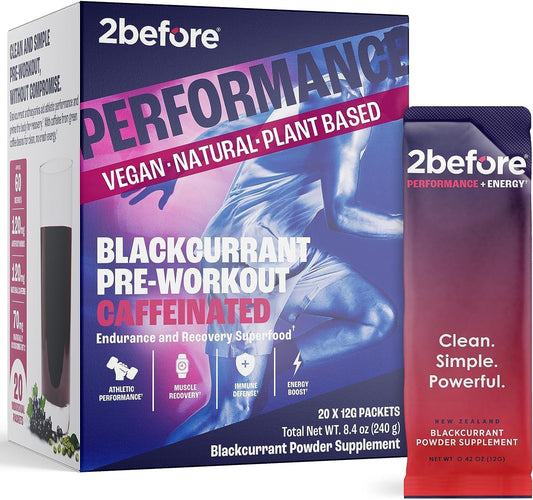 All Natural Vegan Pre Workout with Clean Energy & Endurance - 120mg Caffeine - 20 Packets - Blackcurrant Flavor - Informed Sports Certified