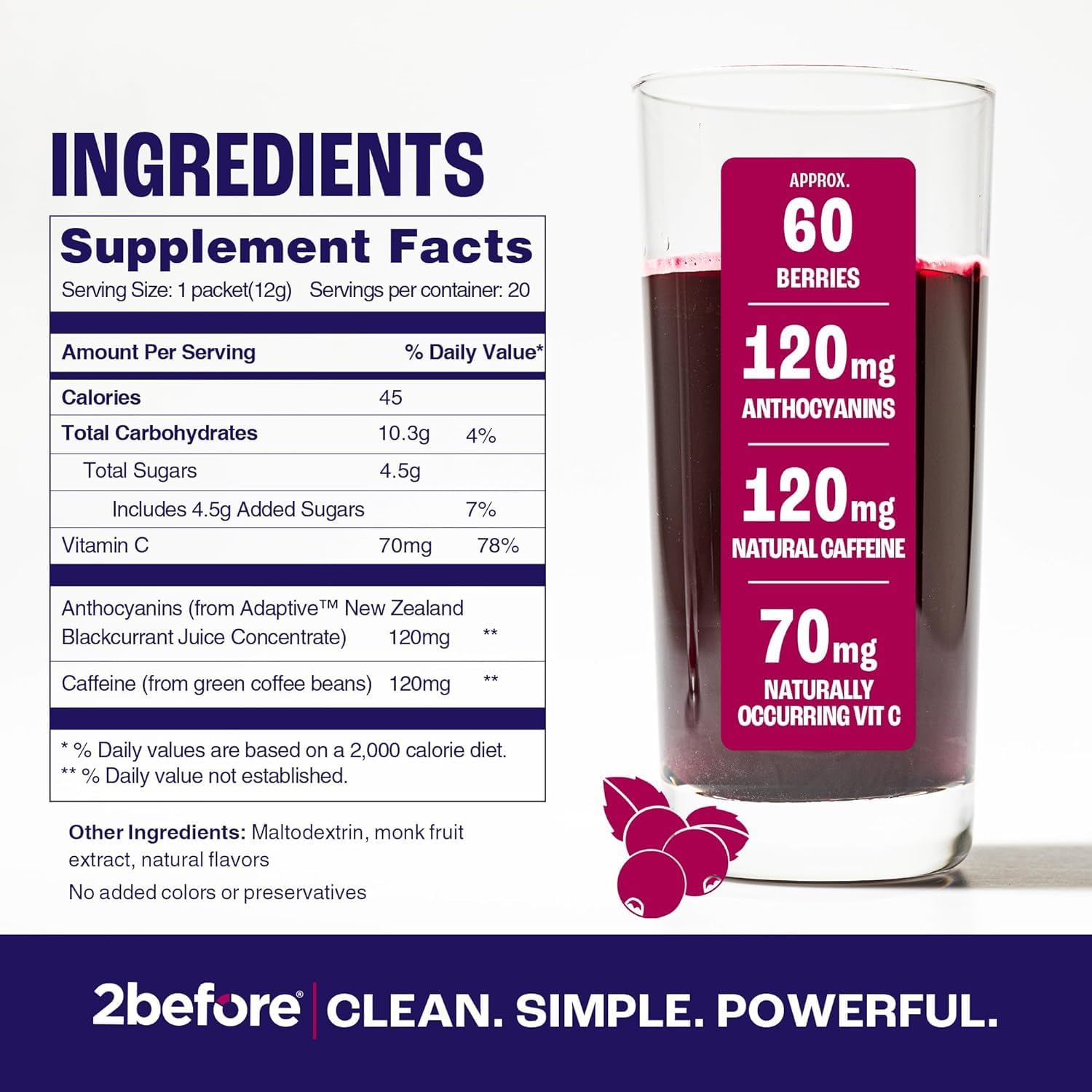 All Natural Vegan Pre Workout with Clean Energy & Endurance - 120mg Caffeine - 20 Packets - Blackcurrant Flavor - Informed Sports Certified