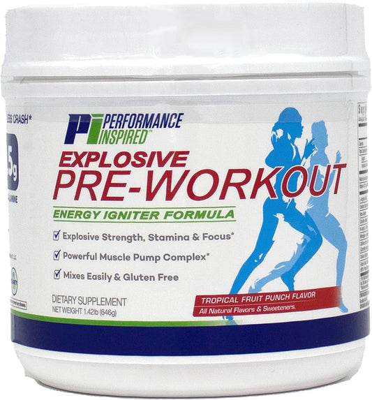 All Natural Vegan PreWorkout Powder with Citrulline and Green Tea - Tropical Fruit Punch - 32 Servings