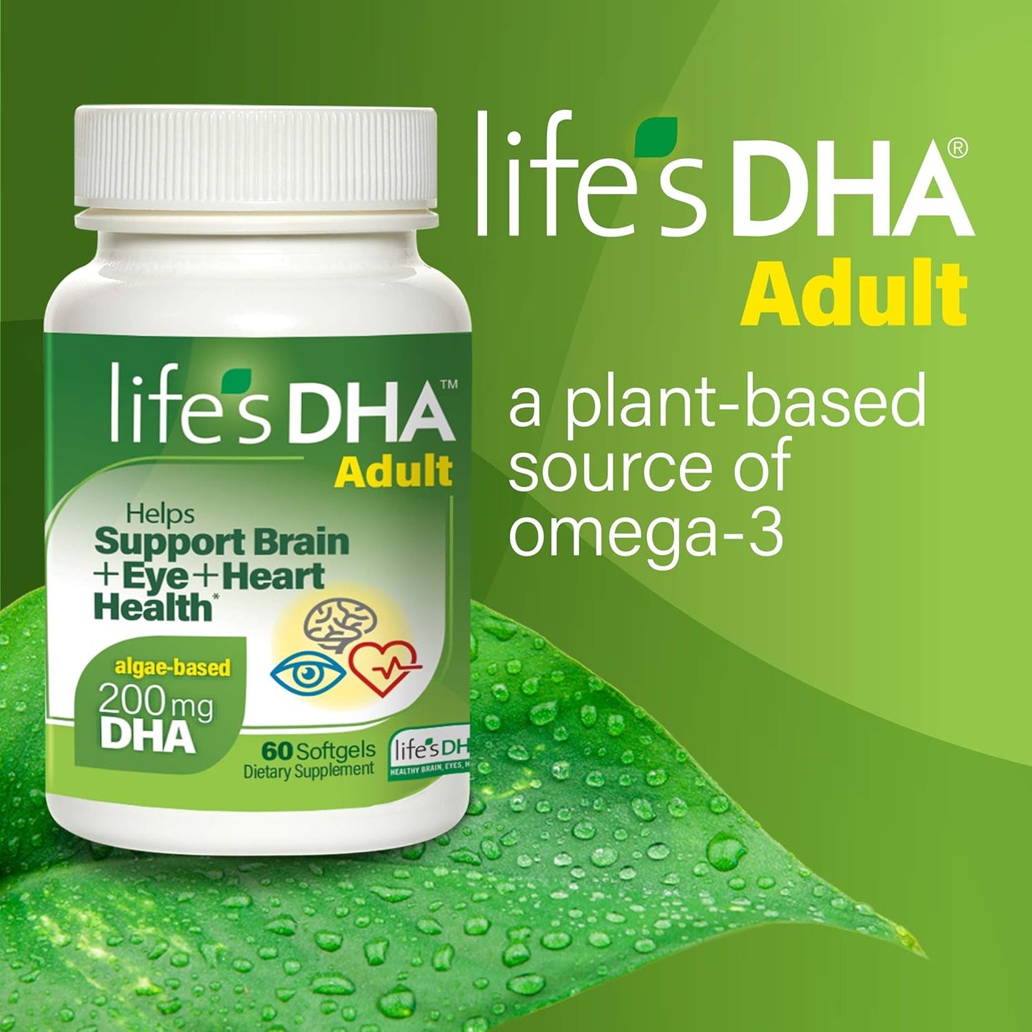 All-Vegetarian DHA Dietary Supplement for Brain, Eyes, and Heart - Non-GMO, Sustainable Source - 200mg Omega-3 - 60 Softgels