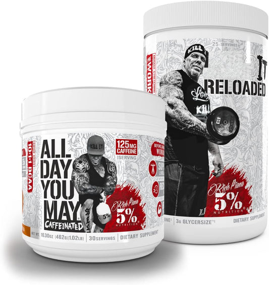 AllDayYouMay Caffeinated BCAA Powder & Reloaded Pre-Workout Bundle by 5% Nutrition - Southern Sweet Tea & Fruit Punch Flavors