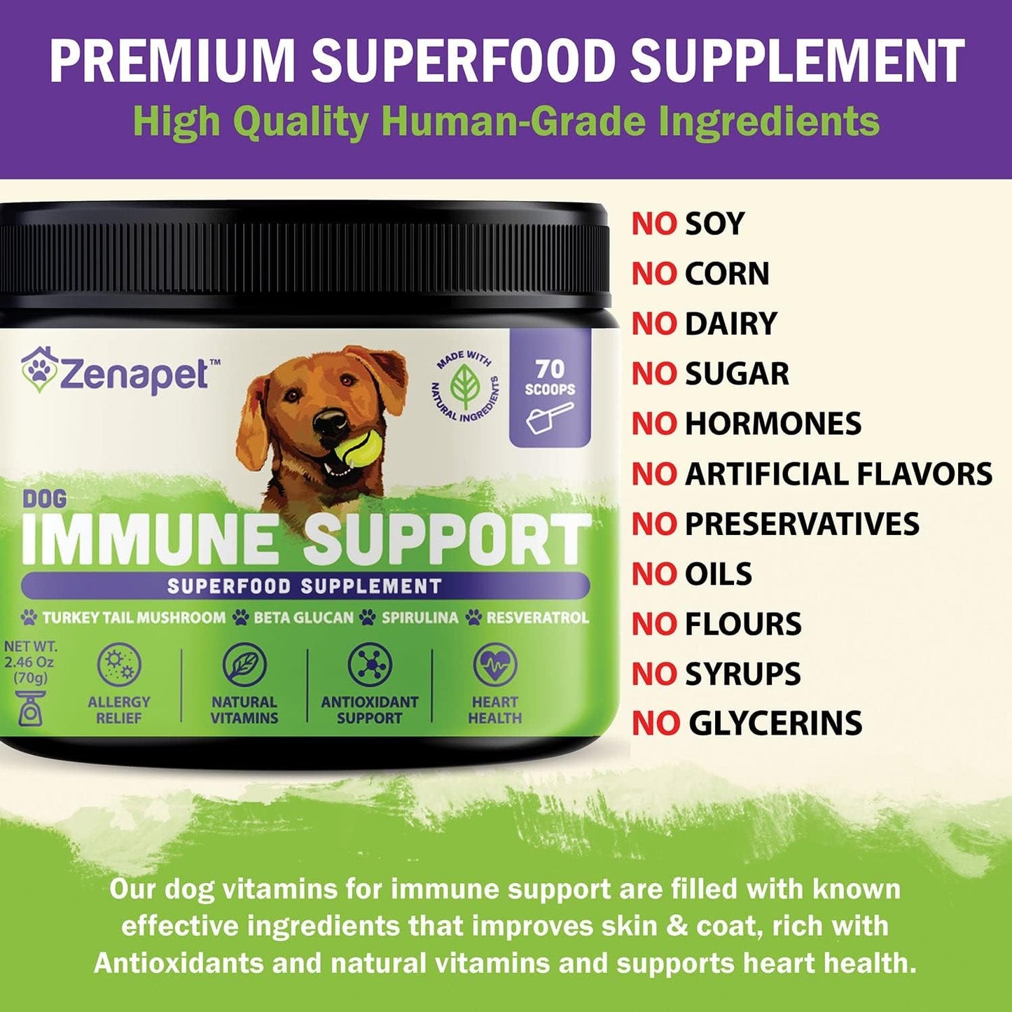 Allergy Immune Support Supplement for Dogs - Human-Grade Superfood with Turkey Tail Mushroom, Prebiotics, for Gut Health, Itchy Skin, Seasonal Allergies & Yeast - Small to Large Breeds