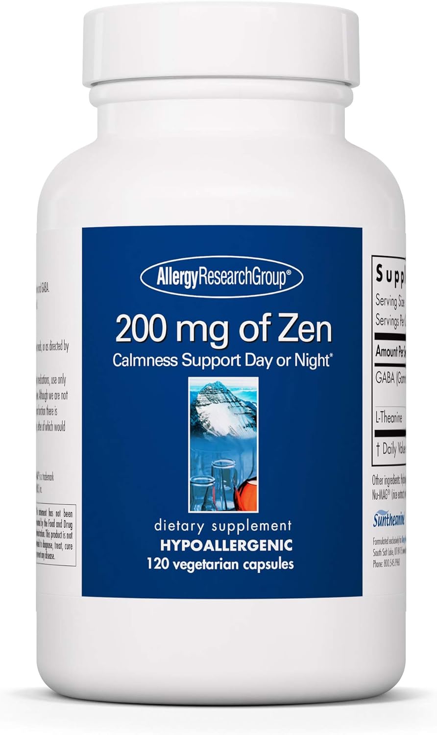 Allergy Research Group 200mg of Zen Supplement for Calmness Support - GABA, L-Theanine, Day/Night, 120 Vegetarian Capsules
