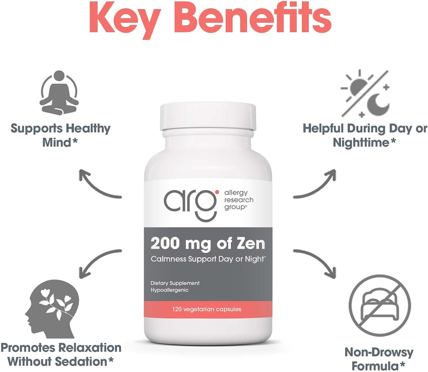 Allergy Research Group 200mg of Zen Supplement for Calmness Support - GABA, L-Theanine, Day/Night, 120 Vegetarian Capsules