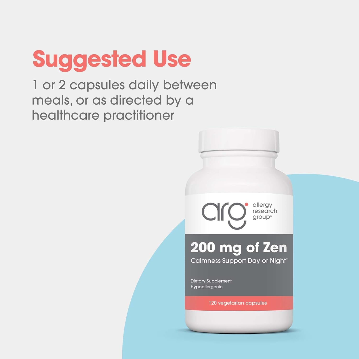 Allergy Research Group 200mg of Zen Supplement for Calmness Support - GABA, L-Theanine, Day/Night, 120 Vegetarian Capsules