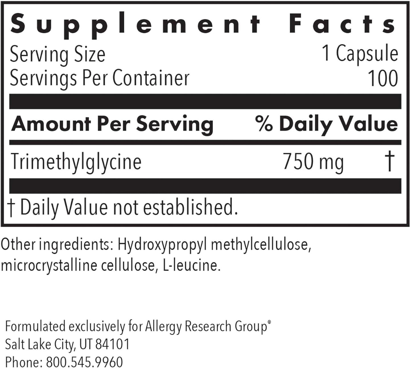 Allergy Research Group Betaine Anhydrous Supplement 750mg - Supports Healthy Methylation and Homocysteine Levels - 100 Vegetarian Capsules