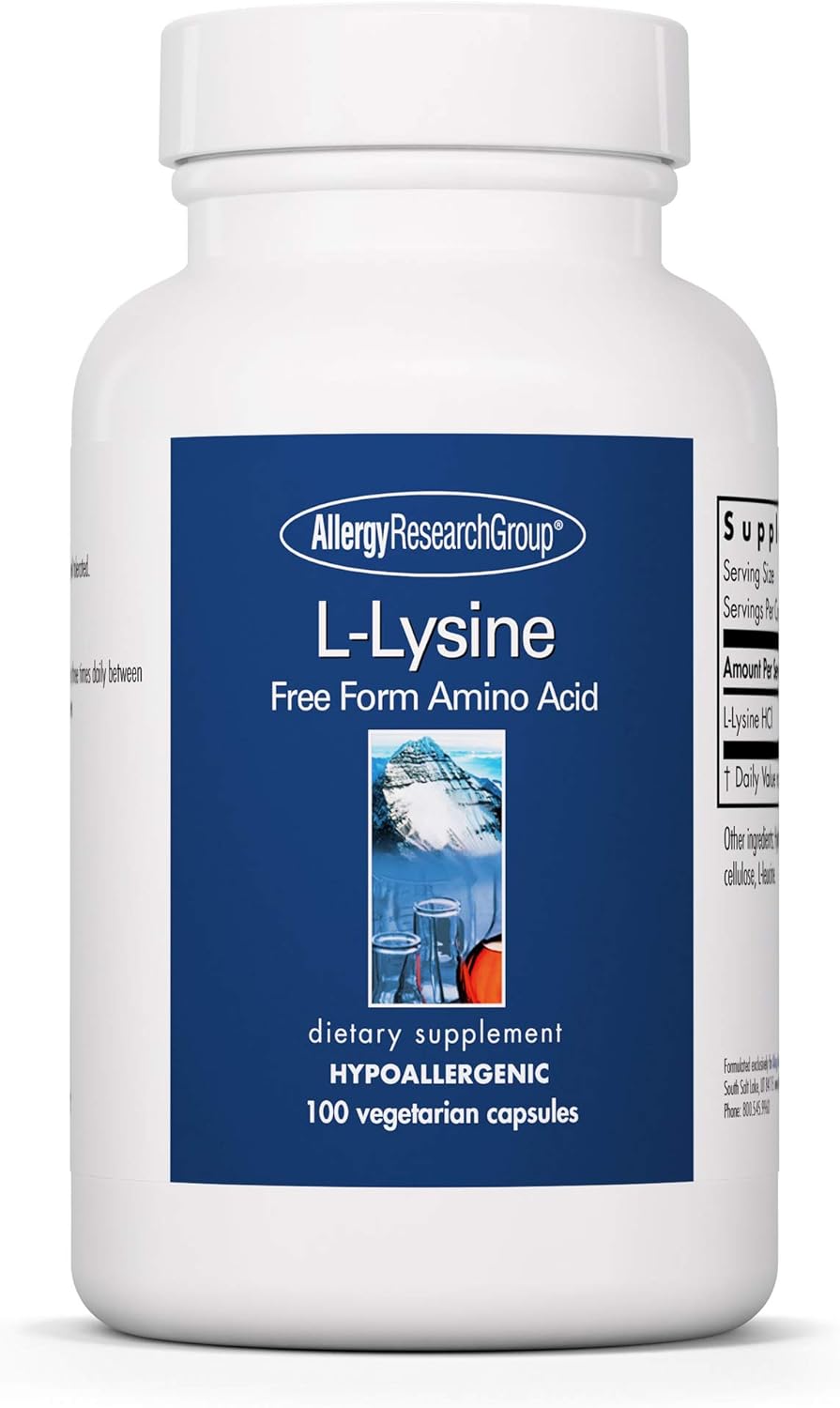 Allergy Research Group L-Lysine Supplement - 500mg Vegetarian Capsules for Immune Support - Pure and Organic - 100 Count