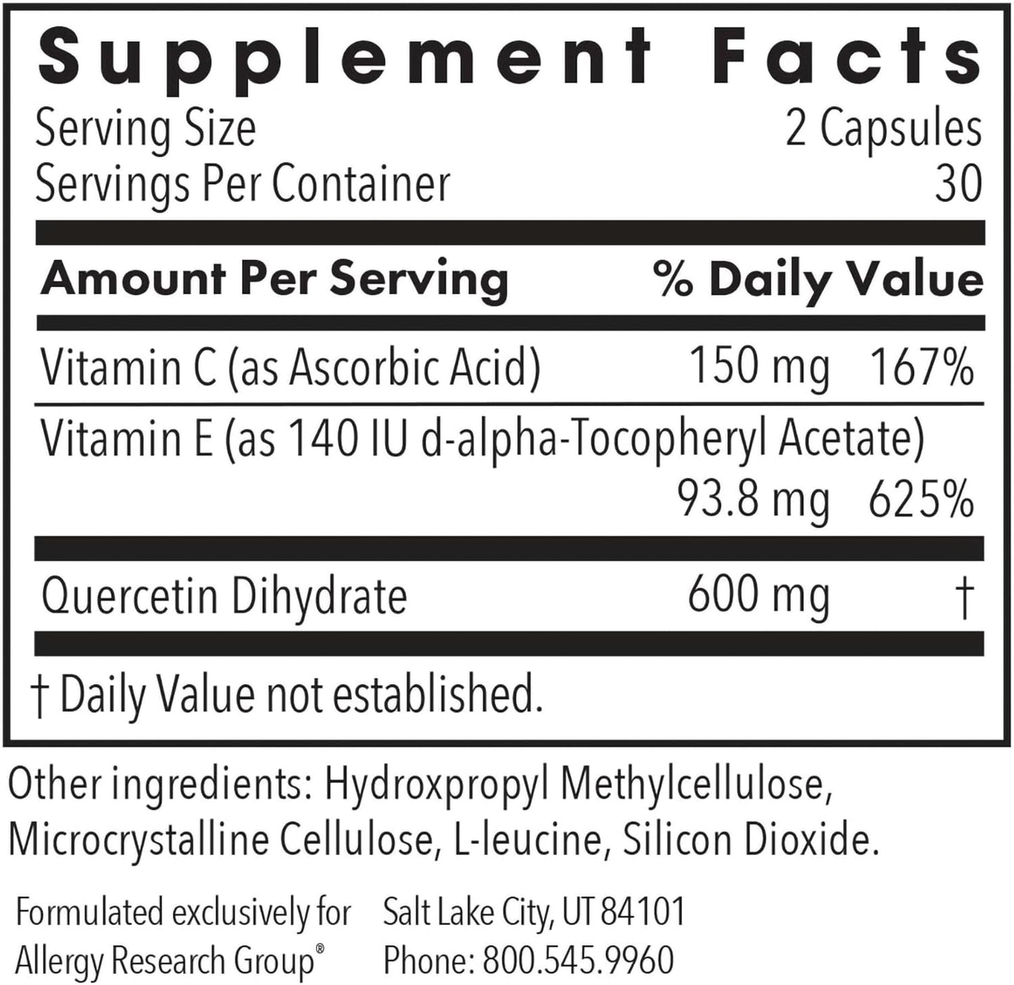 Allergy Research Group Quercetin 300 Dietary Supplement - Immune Support, Antioxidant-Rich Bioflavonoid Capsules for Mast Cell Stabilization - 60 Count
