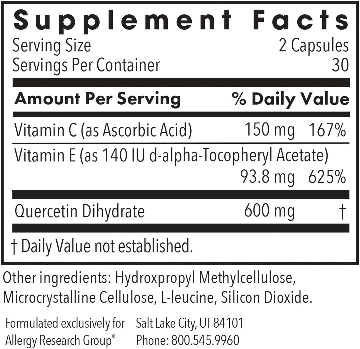 Allergy Research Group Quercetin 300 Dietary Supplement - Immune Support, Antioxidant-Rich Bioflavonoid Capsules for Mast Cell Stabilization - 60 Count
