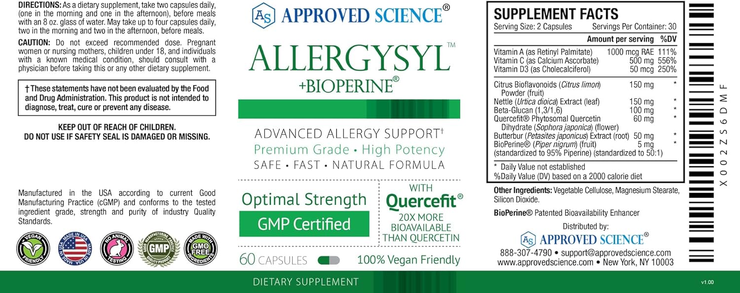 Allergysyl by Approved Science: Reduce Seasonal Allergy Symptoms, Support Immune Health, Antioxidant-Rich Vegan Formula - 60 Capsules - USA Made