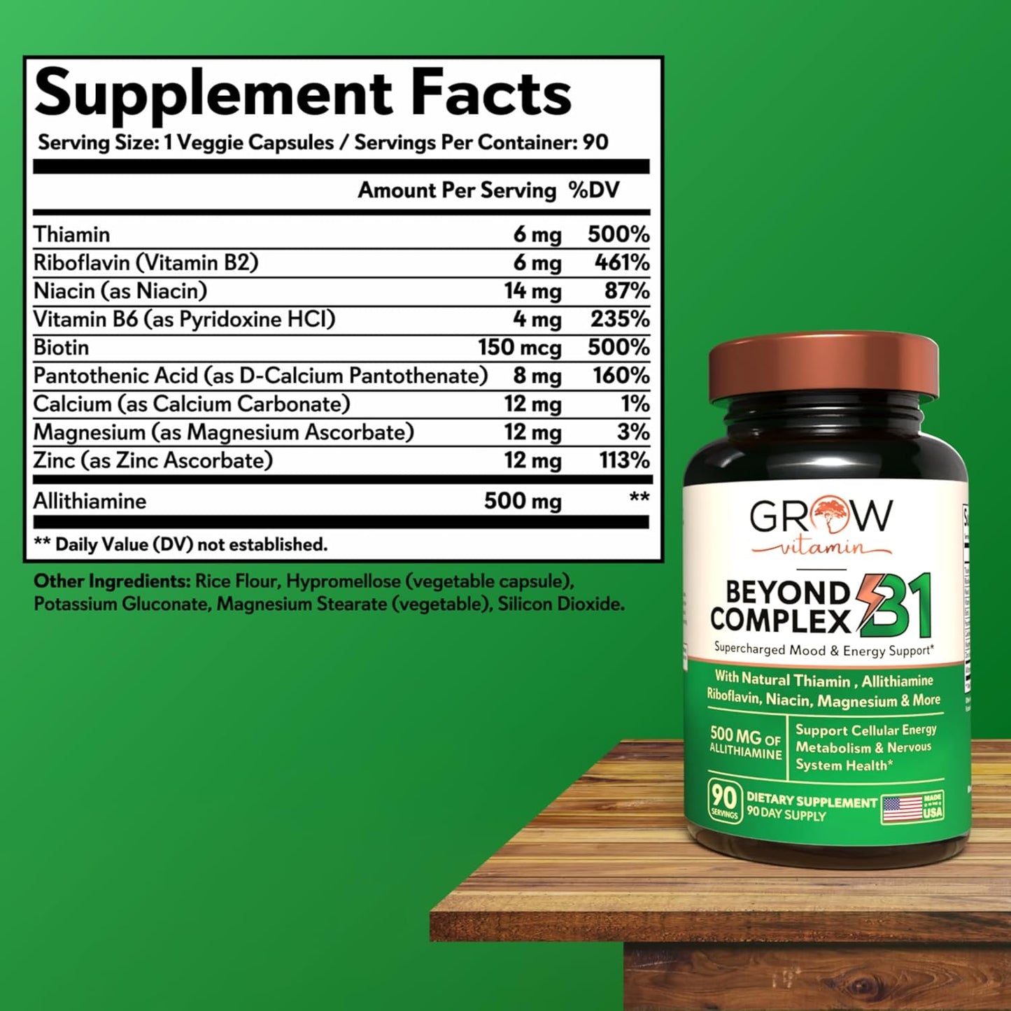 Allithiamine Natural Vitamin B1 Supplement - Essential B-Vitamins for Energy, Mood, & Nervous System - 90 Capsules