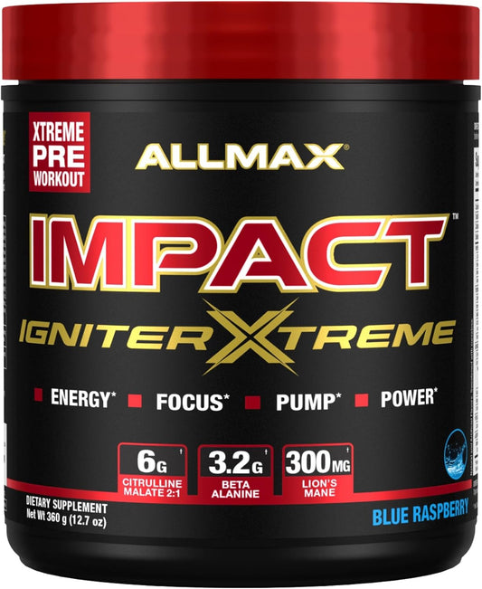 ALLMAX Impact Igniter Extreme Pre Workout Powder - Blue Raspberry Flavor with Citrulline Malate, Beta-Alanine, Caffeine, Taurine, Betaine Anhydrous