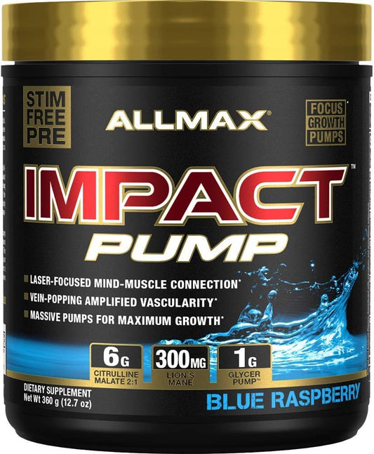 ALLMAX Impact Pump Blue Raspberry 360g Stim-Free Pre-Workout Formula Boosts Pumps Mind-Muscle Connection Citrulline Malate Lion’s Mane 30 Servings