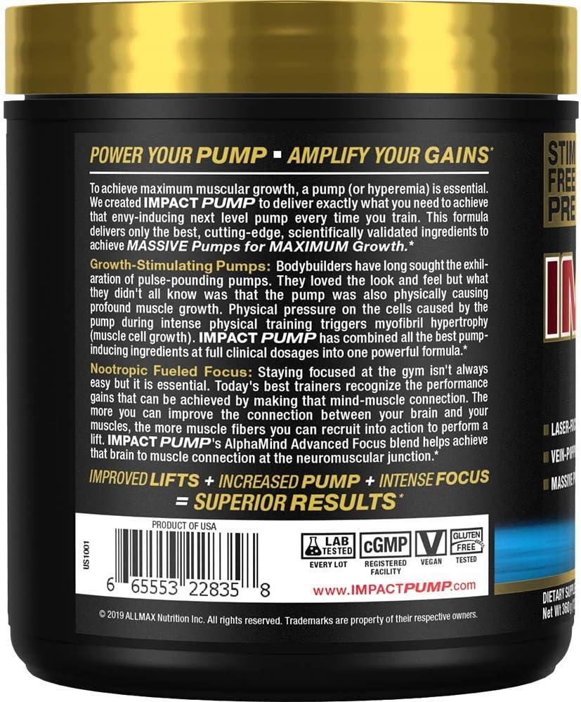 ALLMAX Impact Pump Blue Raspberry 360g Stim-Free Pre-Workout Formula Boosts Pumps Mind-Muscle Connection Citrulline Malate Lion’s Mane 30 Servings