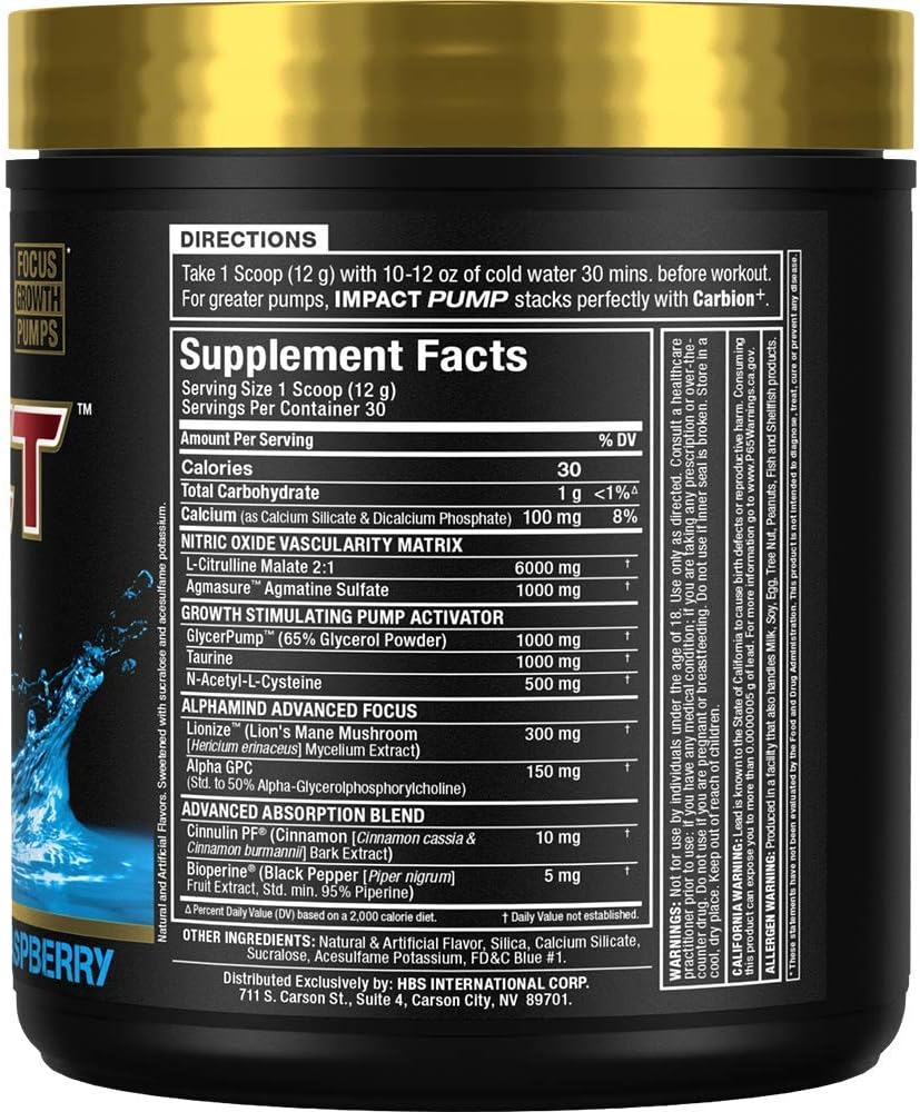 ALLMAX Impact Pump Blue Raspberry 360g Stim-Free Pre-Workout Formula Boosts Pumps Mind-Muscle Connection Citrulline Malate Lion’s Mane 30 Servings