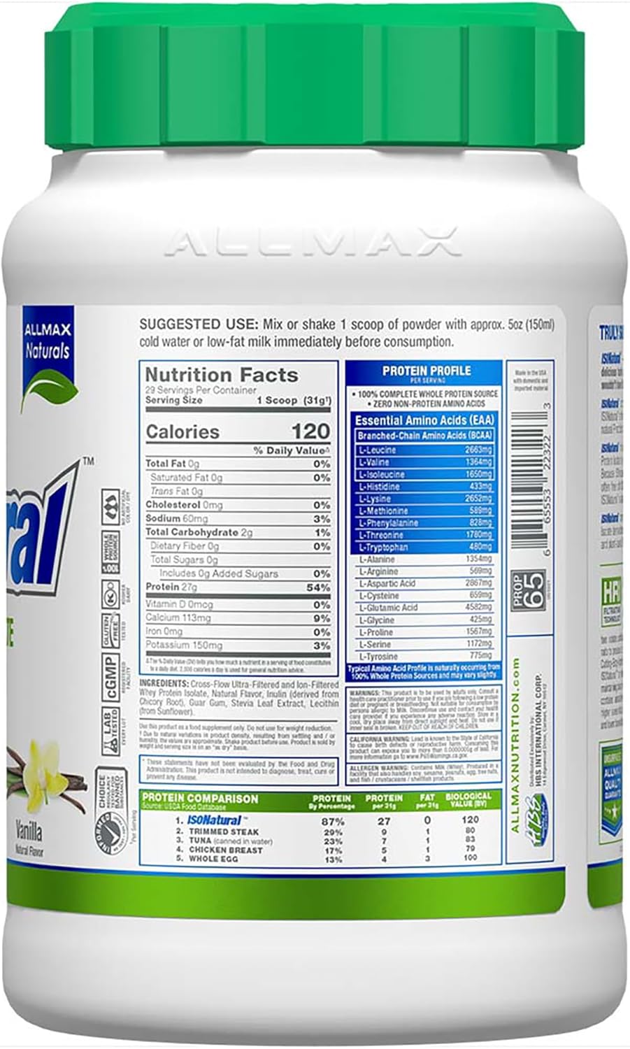 ALLMAX ISONATURAL Vanilla Whey Protein Isolate - 2 lb Tub - 27g Protein Per Serving - Zero Fat/Sugar - 99% Lactose Free - With Prebiotics - No Artificial Flavors - 29 Servings