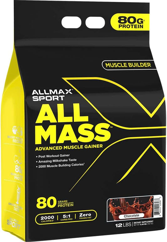 ALLMAX Nutrition All Mass Advanced Muscle Gainer Chocolate 12 Lbs 2000 Calories Zero Trans Fat Supplement