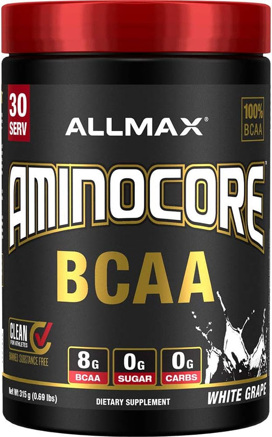 ALLMAX Nutrition AMINOCORE BCAA Powder - White Grape Flavor, 315g - Gluten Free Intra & Post Workout Recovery Drink with 8.18g Amino Acids