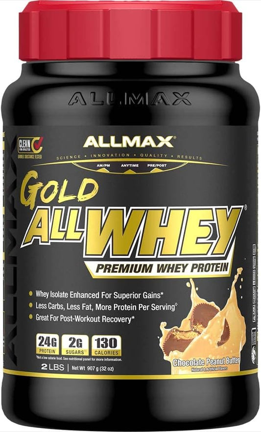 ALLMAX Nutrition Gold ALLWHEY Chocolate Peanut Butter Protein Powder - 2lb Tub, 24g Protein per Serving, Gluten-Free, Low Carb, Low Sugar - 30 Servings