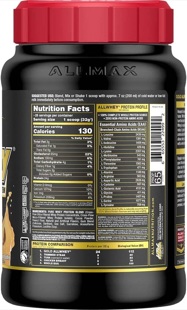 ALLMAX Nutrition Gold ALLWHEY Chocolate Peanut Butter Protein Powder - 2lb Tub, 24g Protein per Serving, Gluten-Free, Low Carb, Low Sugar - 30 Servings