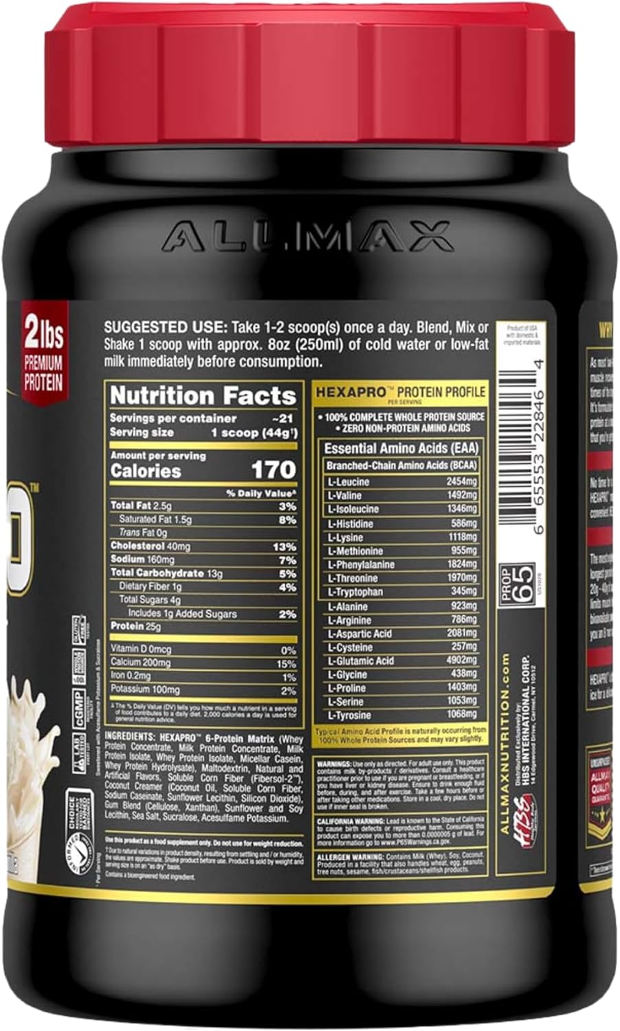 ALLMAX Nutrition HEXAPRO French Vanilla Protein Powder - 2 lb Tub - 25g Protein Per Serving - 8-Hour Sustained Release Formula - Zero Sugar - 21 Servings