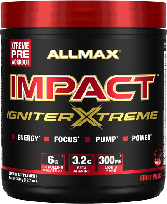 ALLMAX Nutrition Impact Igniter Extreme Pre Workout Powder - Fruit Punch Flavor with Citrulline Malate, Beta-Alanine, Caffeine, Taurine, Betaine Anhydrous - Boost Energy and Performance