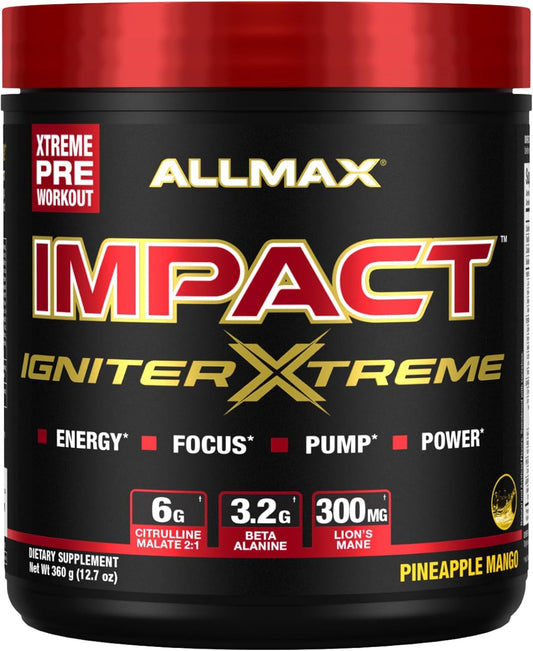 ALLMAX Nutrition Impact Igniter Extreme Pre Workout Powder - Pineapple Mango Flavor - Citrulline Malate, Beta-Alanine, Caffeine, Taurine, Betaine Anhydrous - Energy Boosting Formula