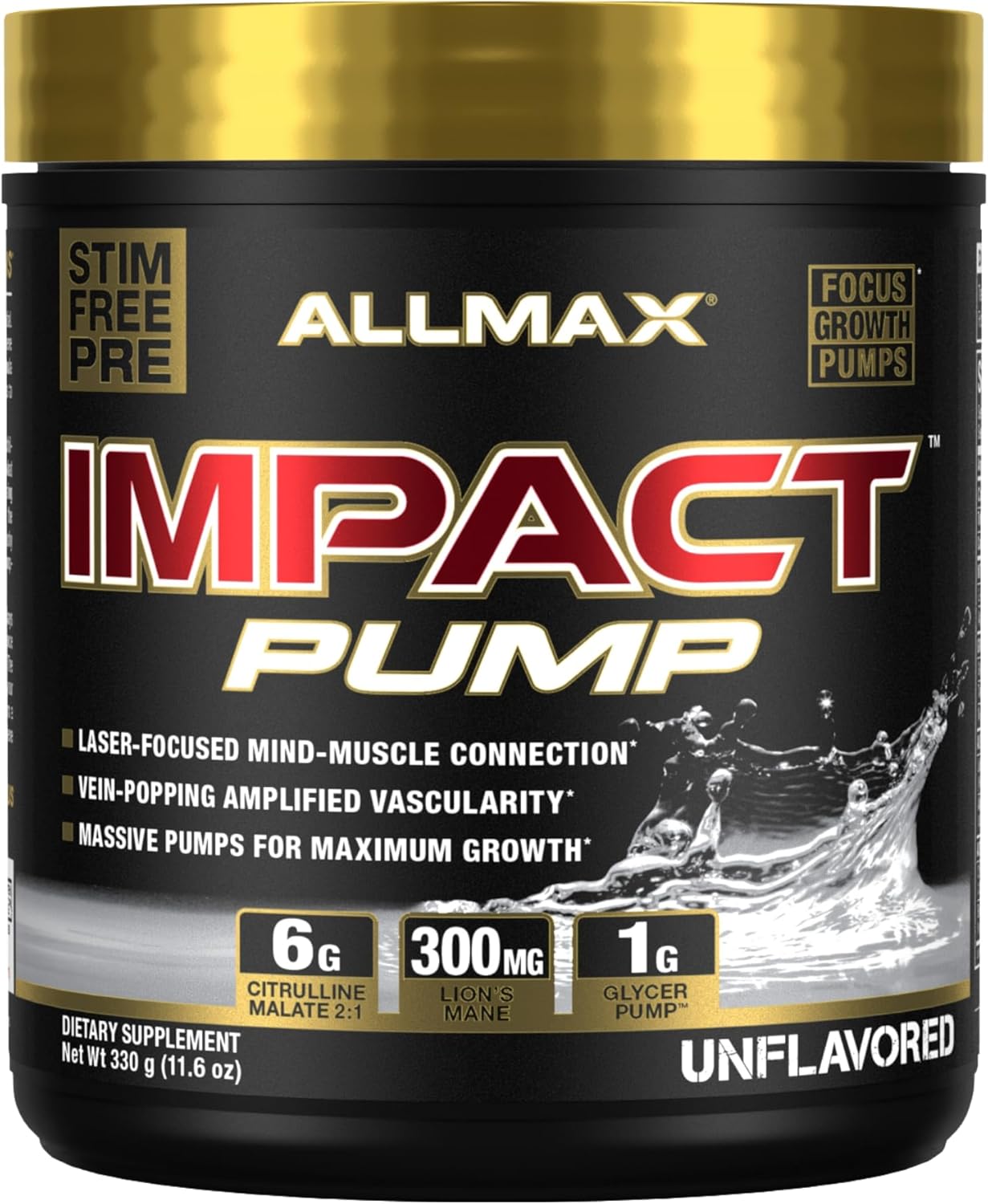 ALLMAX Nutrition Impact Pump Unflavored Pre-Workout Formula with Citrulline Malate & Lion’s Mane - 30 Servings