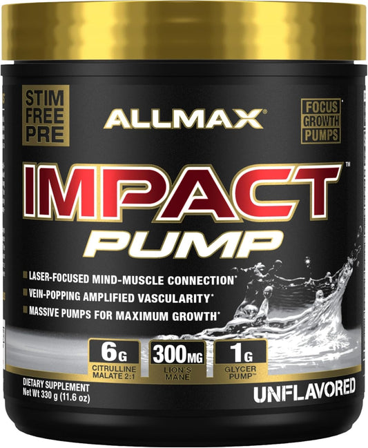 ALLMAX Nutrition Impact Pump Unflavored Pre-Workout Formula with Citrulline Malate & Lion’s Mane - 30 Servings