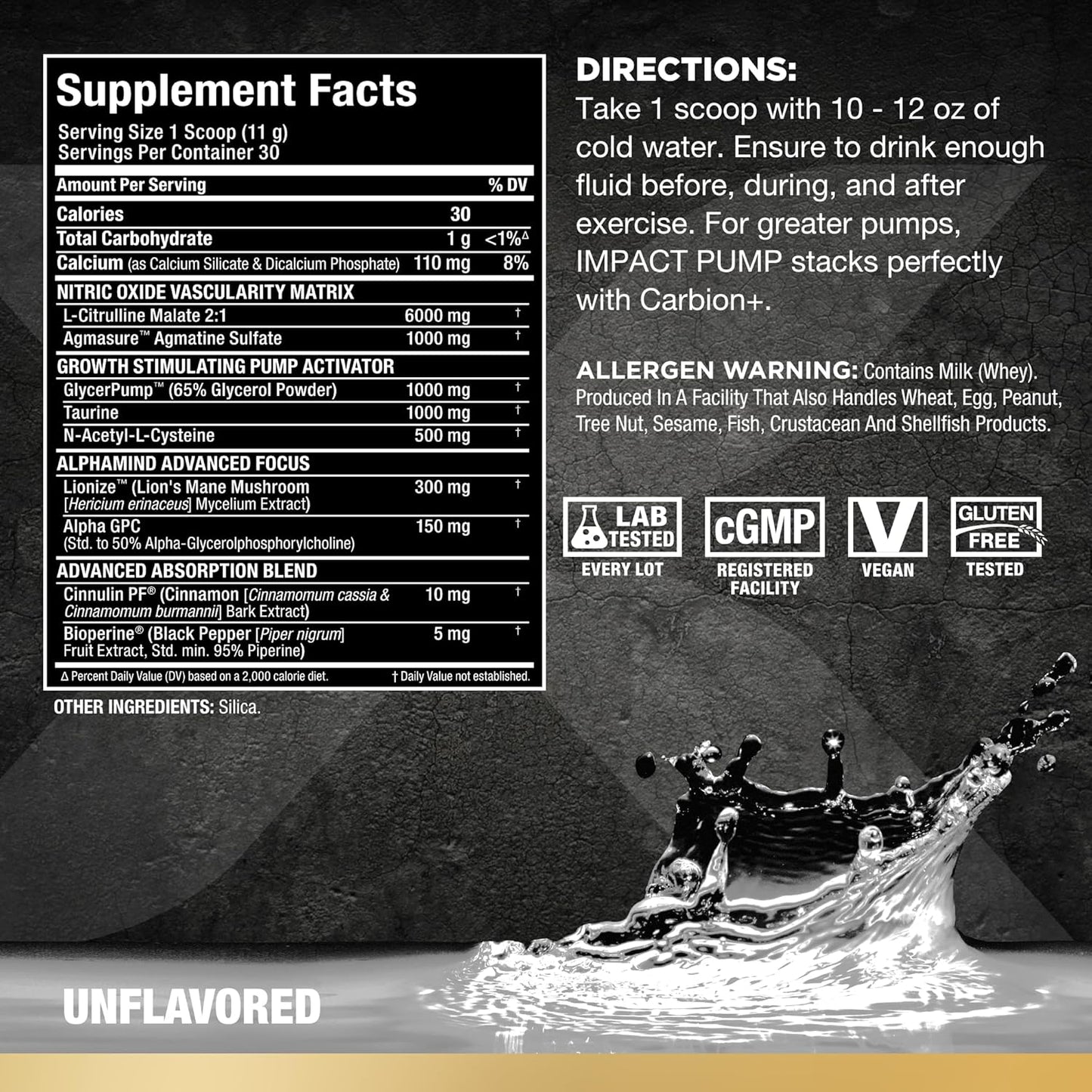 ALLMAX Nutrition Impact Pump Unflavored Pre-Workout Formula with Citrulline Malate & Lion’s Mane - 30 Servings