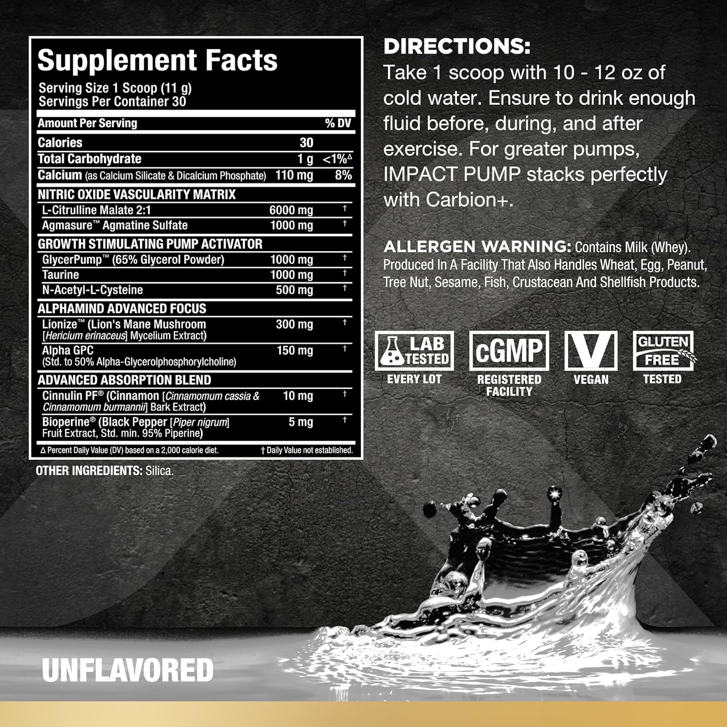 ALLMAX Nutrition Impact Pump Unflavored Pre-Workout Formula with Citrulline Malate & Lion’s Mane - 30 Servings