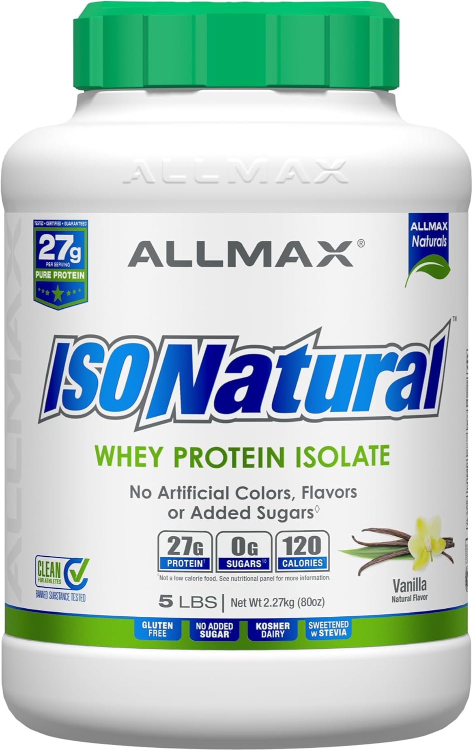 ALLMAX Nutrition ISONATURAL Vanilla Whey Protein Isolate - 5 lb Tub - 27g Protein Per Scoop - Zero Fat & Sugar - 99% Lactose Free - Includes Prebiotics - No Artificial Flavors - 73 Servings