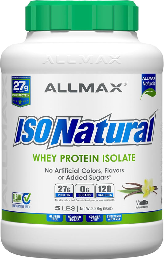 ALLMAX Nutrition ISONATURAL Vanilla Whey Protein Isolate - 5 lb Tub - 27g Protein Per Scoop - Zero Fat & Sugar - 99% Lactose Free - Includes Prebiotics - No Artificial Flavors - 73 Servings
