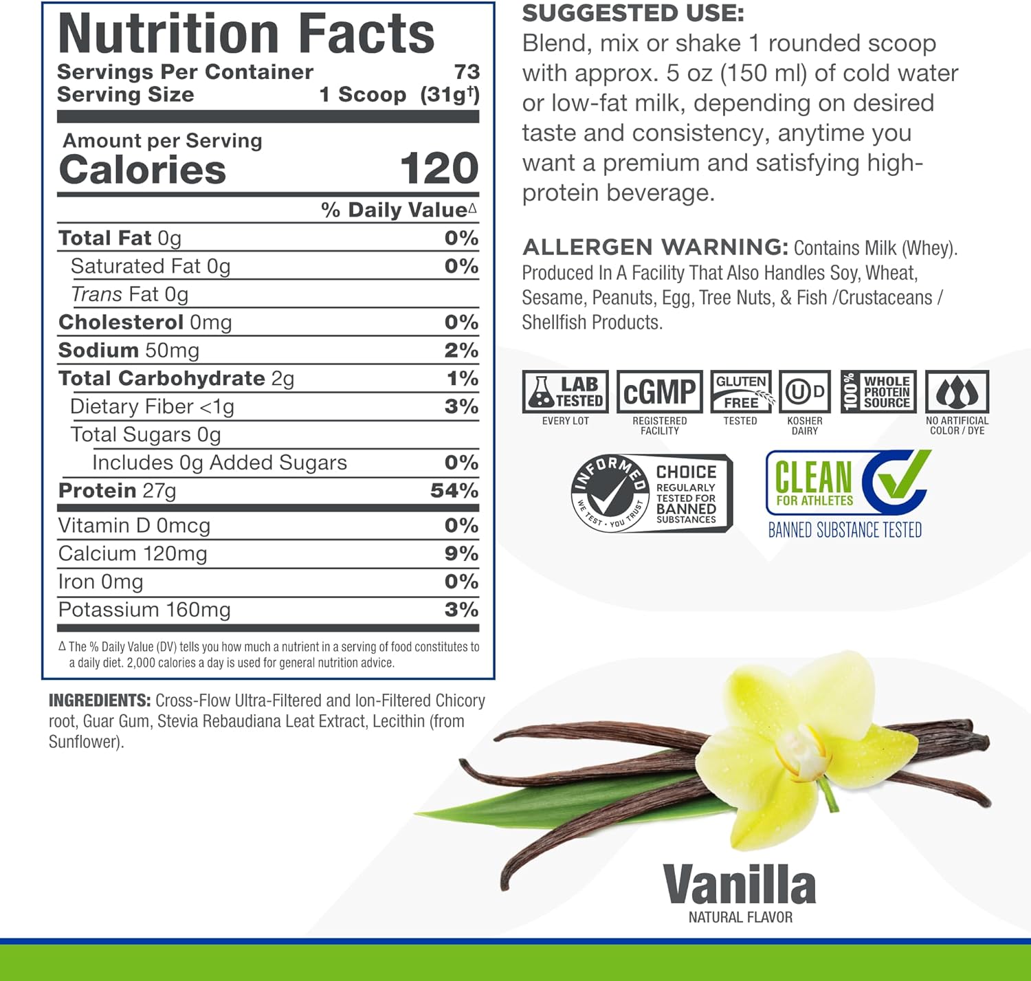 ALLMAX Nutrition ISONATURAL Vanilla Whey Protein Isolate - 5 lb Tub - 27g Protein Per Scoop - Zero Fat & Sugar - 99% Lactose Free - Includes Prebiotics - No Artificial Flavors - 73 Servings