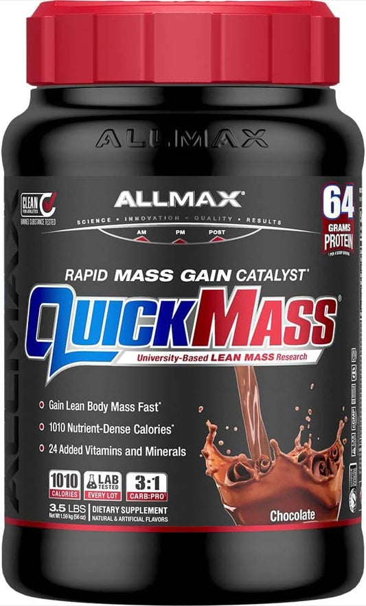 ALLMAX Nutrition QUICKMASS Chocolate 3.5 lb - Rapid Mass Gain Catalyst - 64g Protein - 3:1 Carb to Protein - Zero Trans Fat - 24 Servings